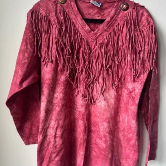 Vintage Western Cowboy Pink Beaded Fringe Long Sleeve Top Tie Dye Tunic - Picture 1 of 5